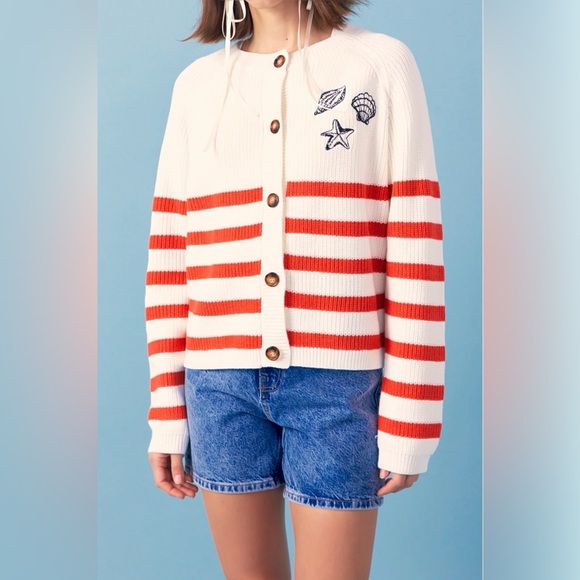 NEW English Factory Women's Breton Striped Cardigan with Shell Embroidery Medium - Picture 6 of 9